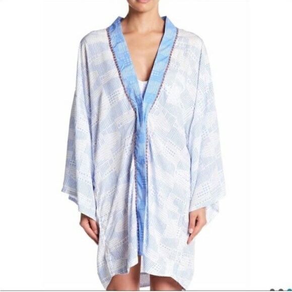 Dolce Vita blue white beaded swim kimono Cover up Sz M - Picture 3 of 9